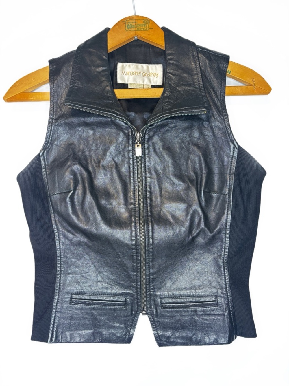 Vintage Black Tailored Leather Zip-Front Cropped Vest from Margaret Godfrey -S-